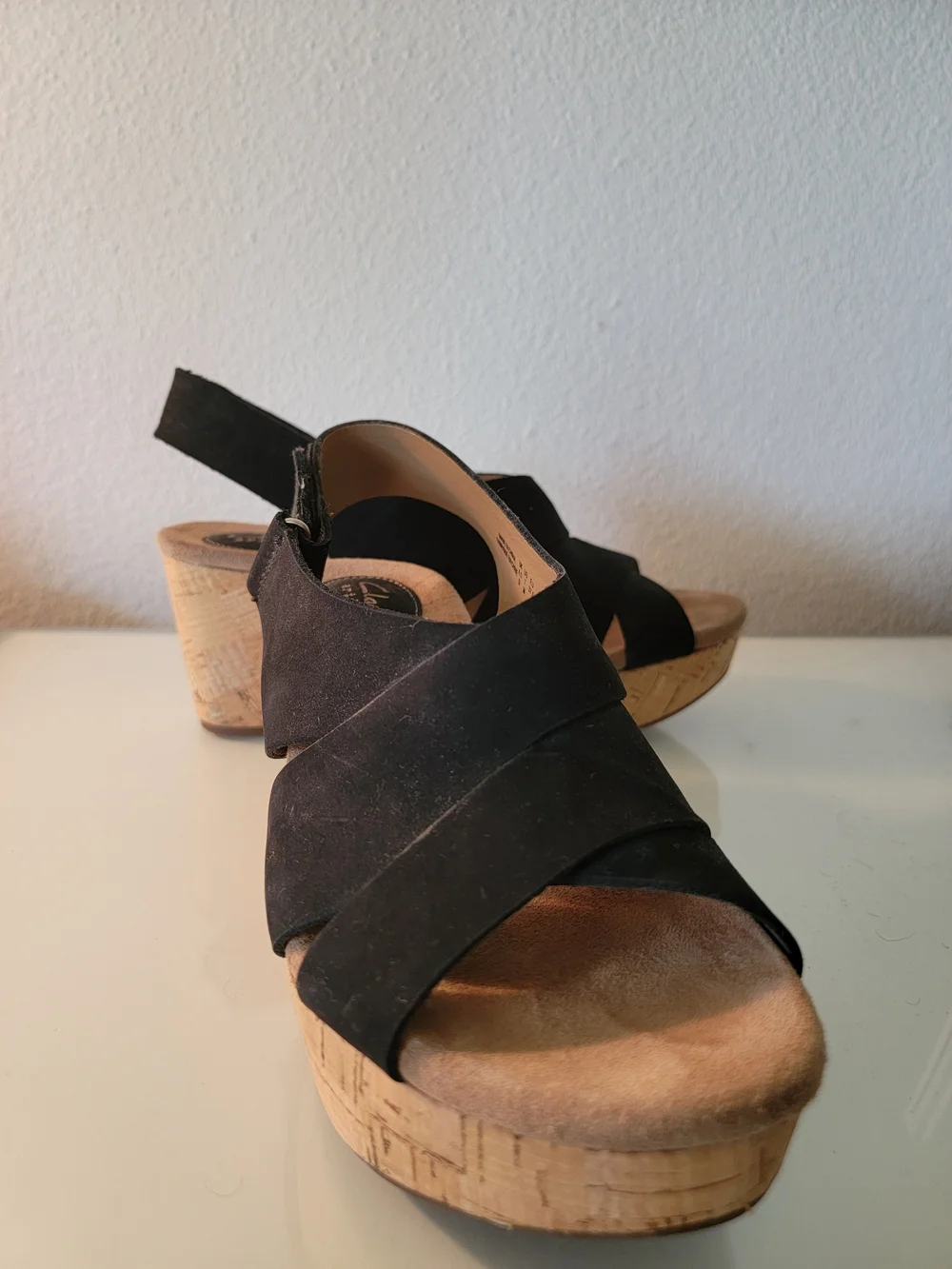 Clarks Artisan Black Suede Cork Wedge Slingback Sandals